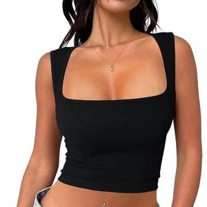 Meyeeka Women's Sexy Sleeveless Crop top Seamless Square Neck Trendy Tank top M
